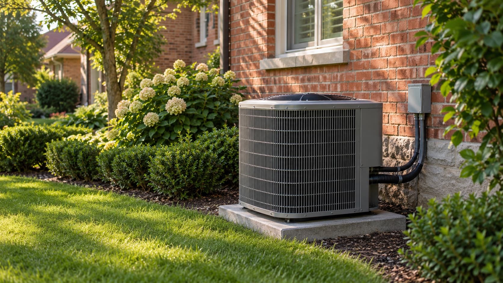 A central air conditioner condenser beside a Toronto-area brick home
