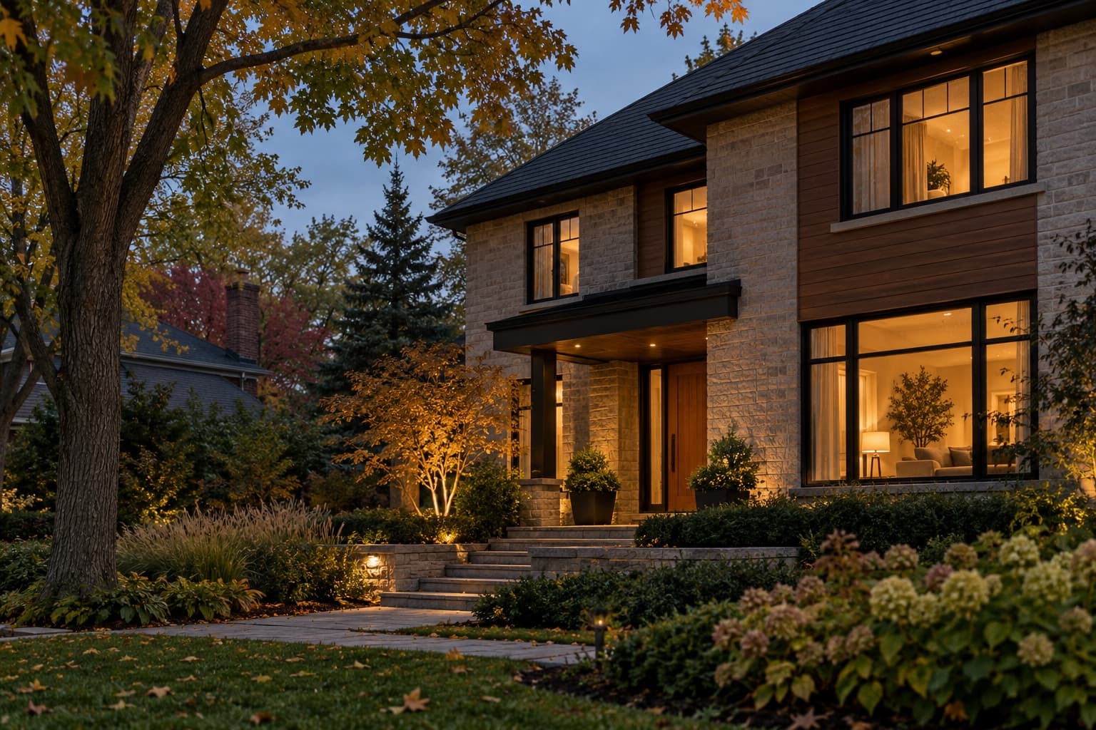 Warm lights inside a home on an autumn evening